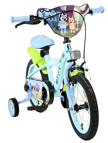 Kinderfahrrad in Blau mit buntem Design und Stützrädern
