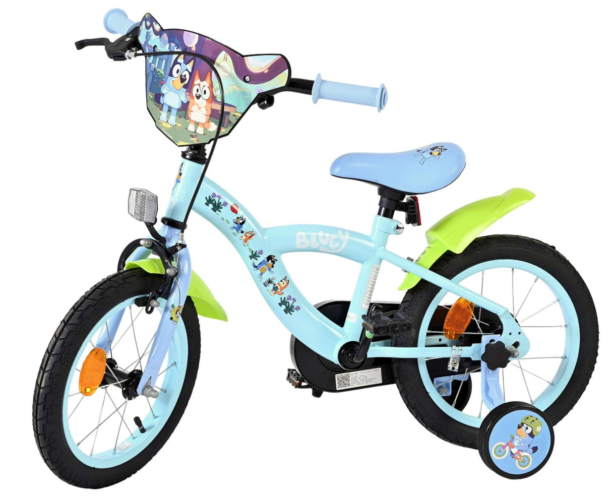 Kinderfahrrad in Blau mit buntem Design und Stützrädern