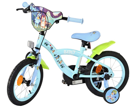 Kinderfahrrad in Blau mit buntem Design und Stützrädern