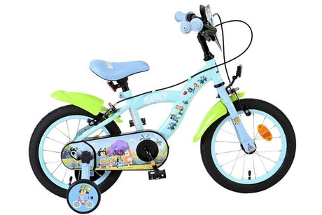 Kinderfahrrad in Blau mit bunten Charaktermotiven und stabilen Reifen