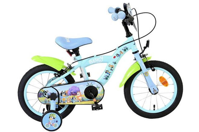 Kinderfahrrad in Blau mit bunten Charaktermotiven und stabilen Reifen