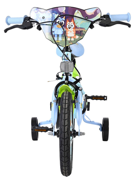 Kinderfahrrad in Blau und Grün mit stabilen Stützrädern und buntem Lenker