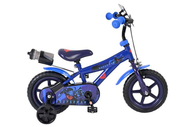 Blaues Kinderfahrrad mit Superman-Motiv und stabilen Gummireifen