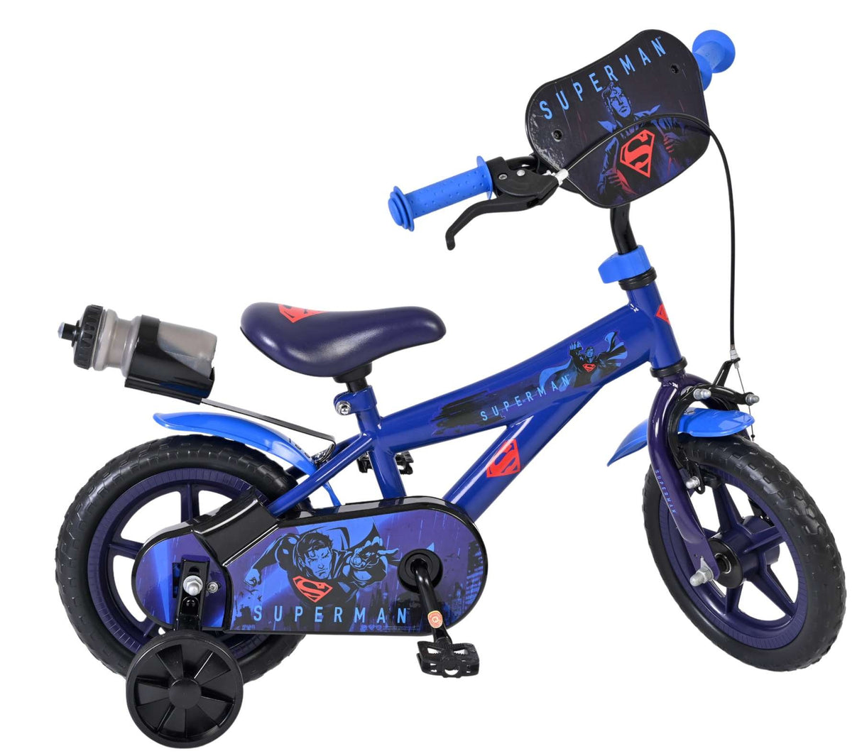 Kinderfahrrad in Blau mit Superman-Motiv und Stützrädern