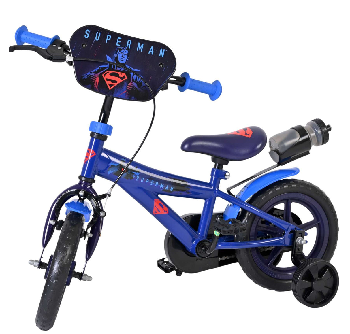 Blaues Kinderfahrrad mit Superman-Motiv und Stützrädern