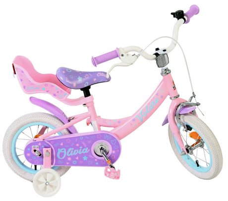 Rosa Kinderfahrrad mit Stützrädern und gepolstertem Sitz für eine Puppe