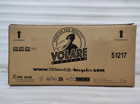 Kartonverpackung für ein Fahrrad mit Aufdruck und Handhabungshinweisen