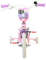 Rosa Kinderfahrrad mit Stützrädern und bunten Griffen