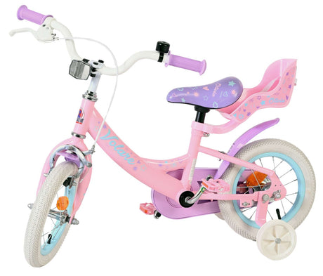 Rosa Kinderfahrrad mit Stützrädern und gepolsterter Sitzfläche