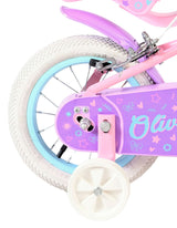 Rosa Kinderfahrrad mit weißen Reifen und bunten Motiven