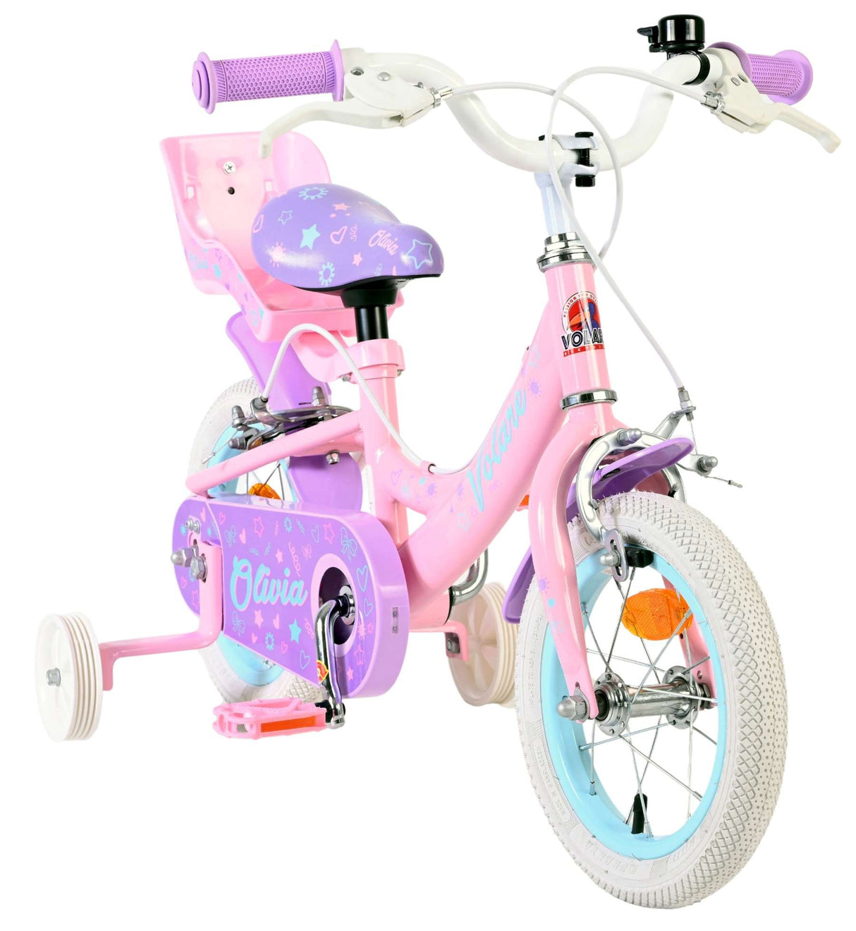 Rosa Kinderfahrrad mit Stützrädern und Sitz für ein Kind