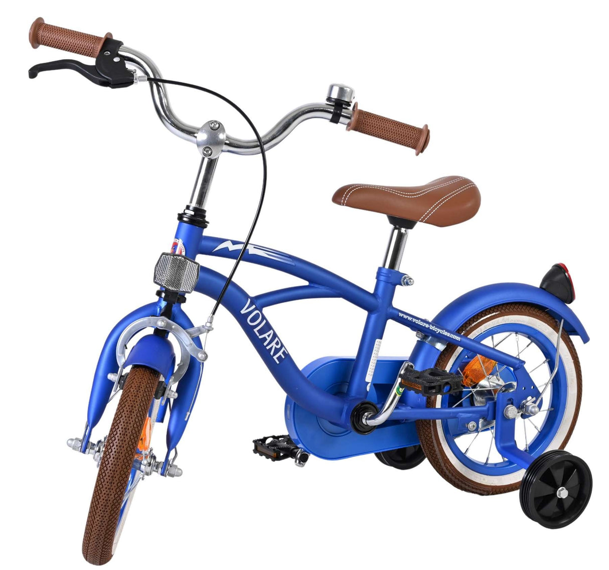 Blaues Kinderfahrrad mit zwei Rädern und Stützrädern, brauner Sitz