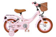 Rosa Kinderfahrrad mit Korb, braunem Sattel und stabilen Reifen