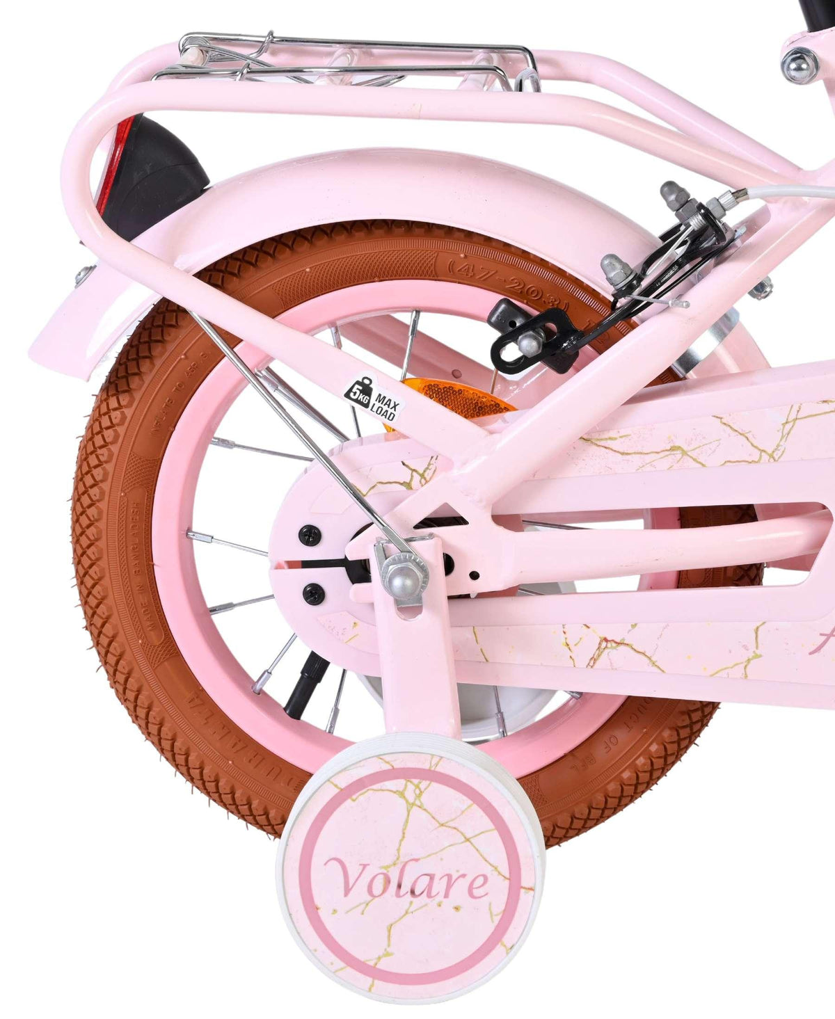 Rosa Fahrrad mit braunem Reifen und Stützrad, dekorative Details sichtbar