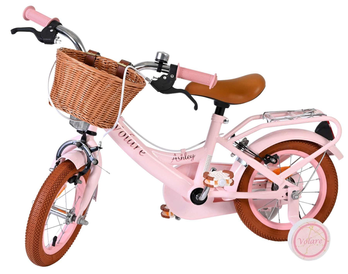 Rosa Kinderfahrrad mit Korb, braunen Griffen und Reifen