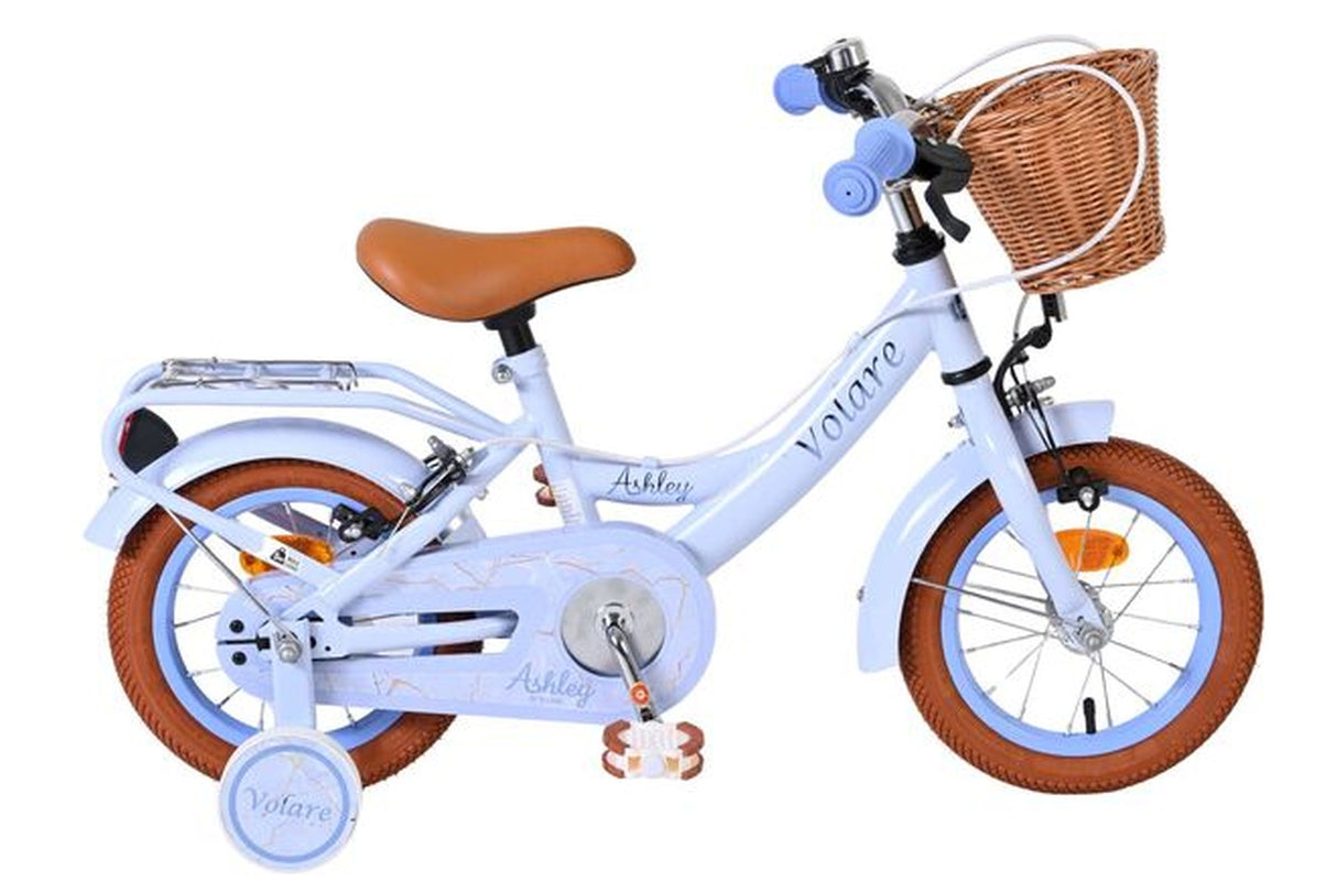 Kinderfahrrad in Hellblau mit Korb und braunen Reifen