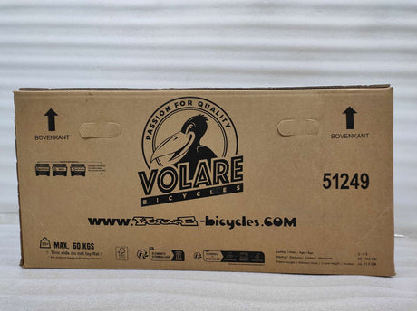 Kartonverpackung für ein Fahrrad mit Logo und Gewichtsangabe