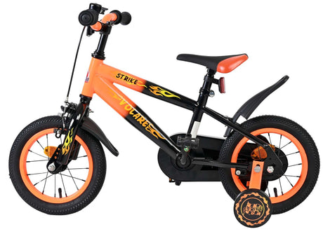 Kinderfahrrad in Schwarz und Orange mit Flammenmotiv und Stützrädern