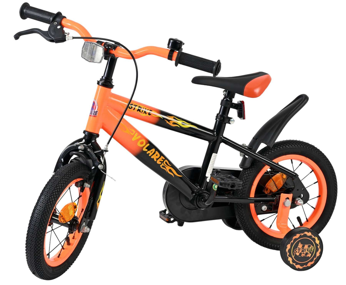 Kinderfahrrad in Orange und Schwarz mit Stützrädern und Reflektor