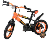 Kinderfahrrad in Orange und Schwarz mit Stützrädern und Reflektor