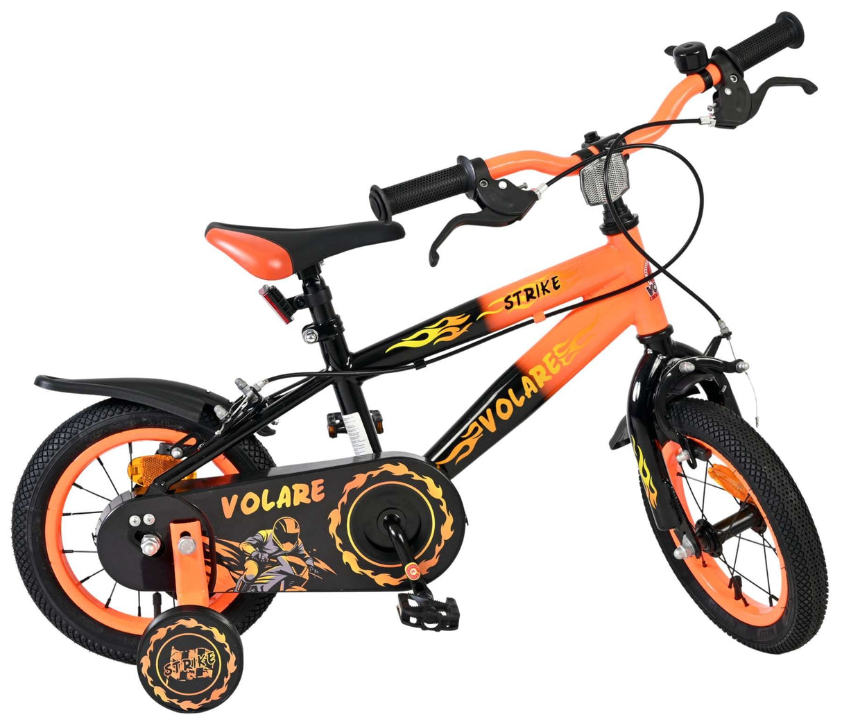 Kinderfahrrad in Schwarz und Orange mit Flammenmotiven und stabilen Reifen