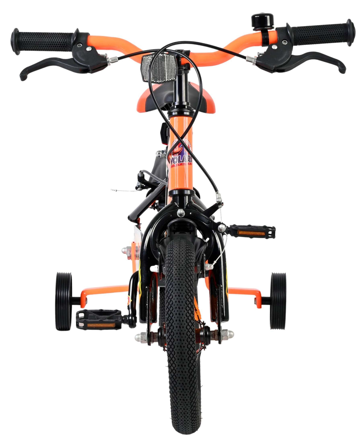 Kinderfahrrad in Orange mit drei Rädern und schwarzen Griffen