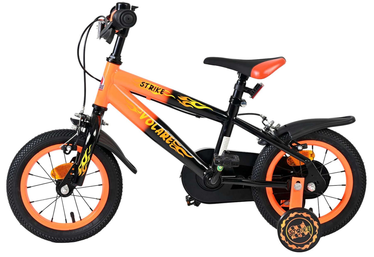 Kinderfahrrad in Schwarz und Orange mit Stützrädern und sportlichem Design