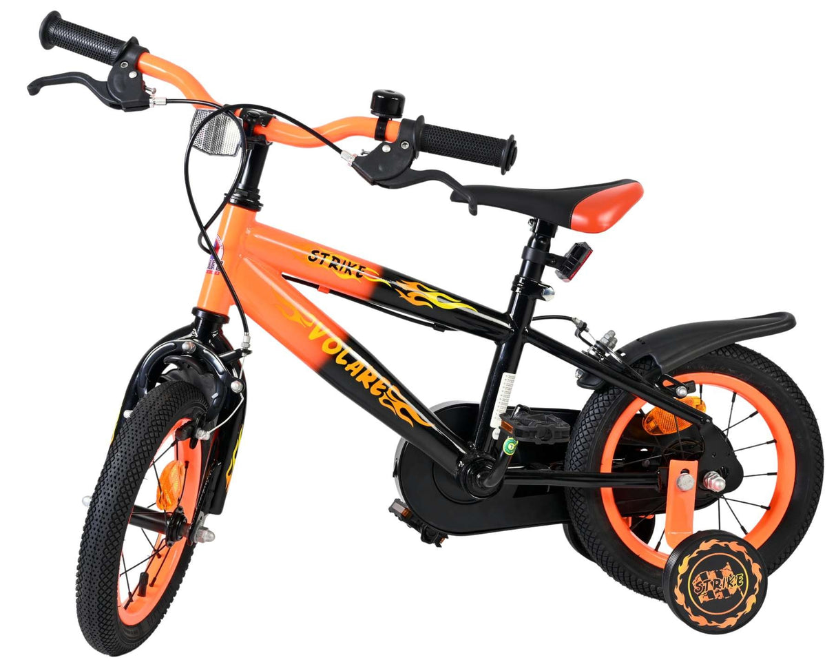 Schwarzes Kinderfahrrad mit orangefarbenen Akzenten und stabilen Reifen