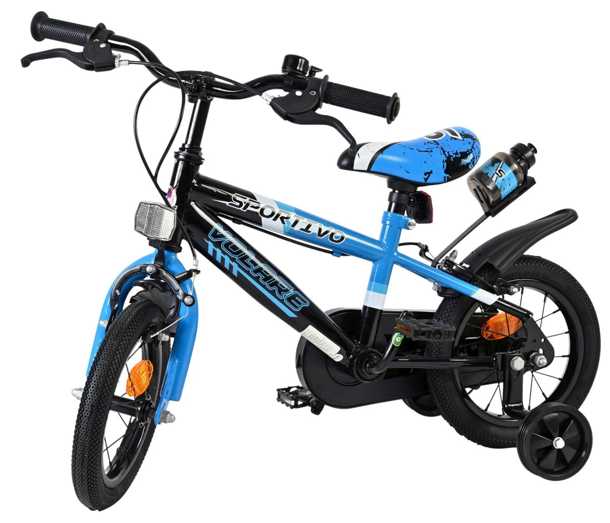 Kinderfahrrad in Blau und Schwarz mit Stützrädern und Trinkflasche