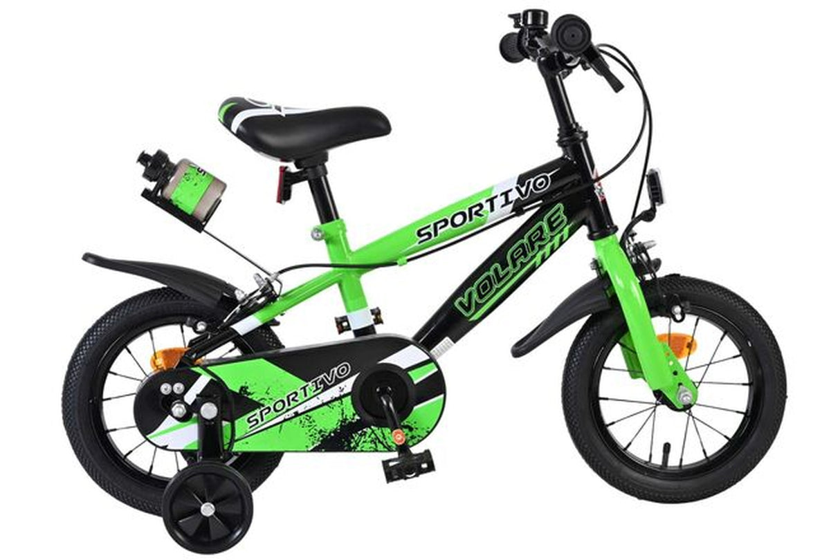 Kinderfahrrad in Schwarz und Grün mit Stützrädern und Rücklicht