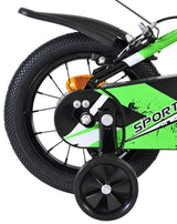 Hinterrad eines Fahrrads mit Stützrad und grünem Design