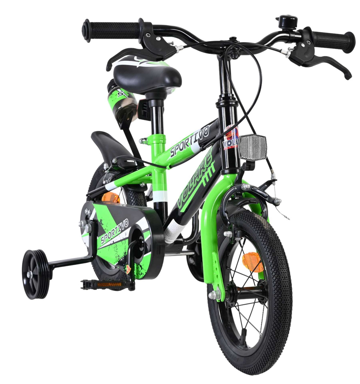 Grünes Kinderfahrrad mit Stützrädern und sportlichem Design
