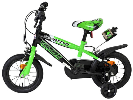 Kinderfahrrad in leuchtendem Grün mit Stützrädern und Trinkflasche