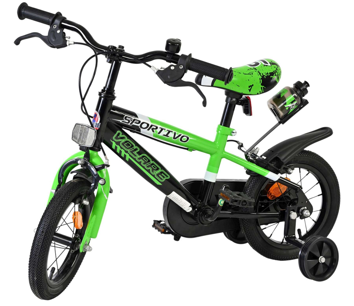 Kinderfahrrad in Grün und Schwarz mit Stützrädern und Wasserflasche