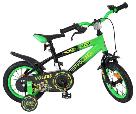 Grünes Kinderfahrrad mit schwarzen und gelben Designelementen und Stützrädern