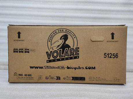 Kartonverpackung für ein Fahrrad mit Logo und Gewichtshinweis
