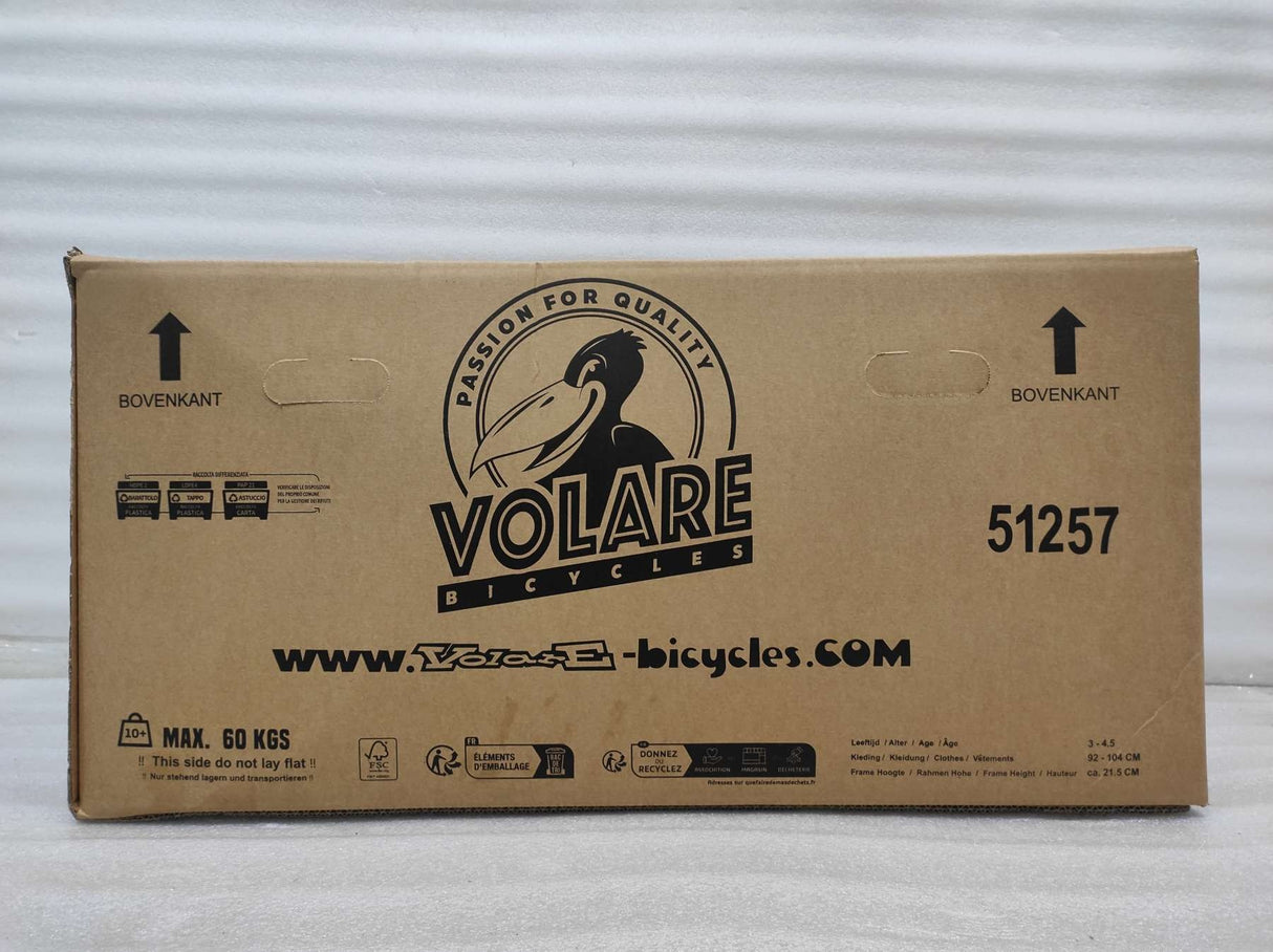 Kartonverpackung für ein Fahrrad mit Logo und Gewichtshinweis