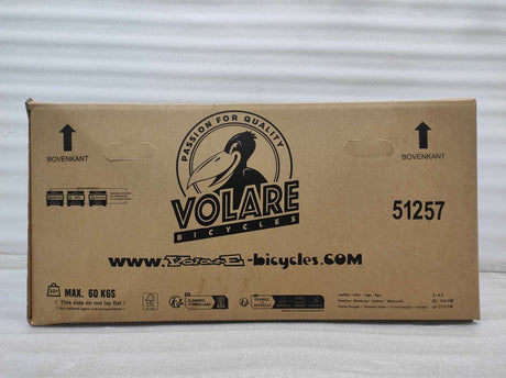 Kartonverpackung für ein Fahrrad mit Logo und Gewichtshinweis
