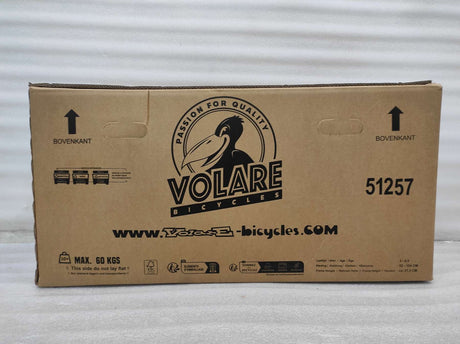 Kartonverpackung für ein Fahrrad mit Logo und Warnhinweisen