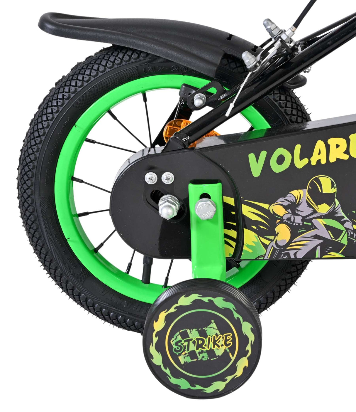 Grünes Kinderfahrrad mit stabilisierenden Rädern und sportlichem Design