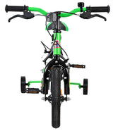 Kinderfahrrad in Grün mit Stützrädern und schwarzem Reifen