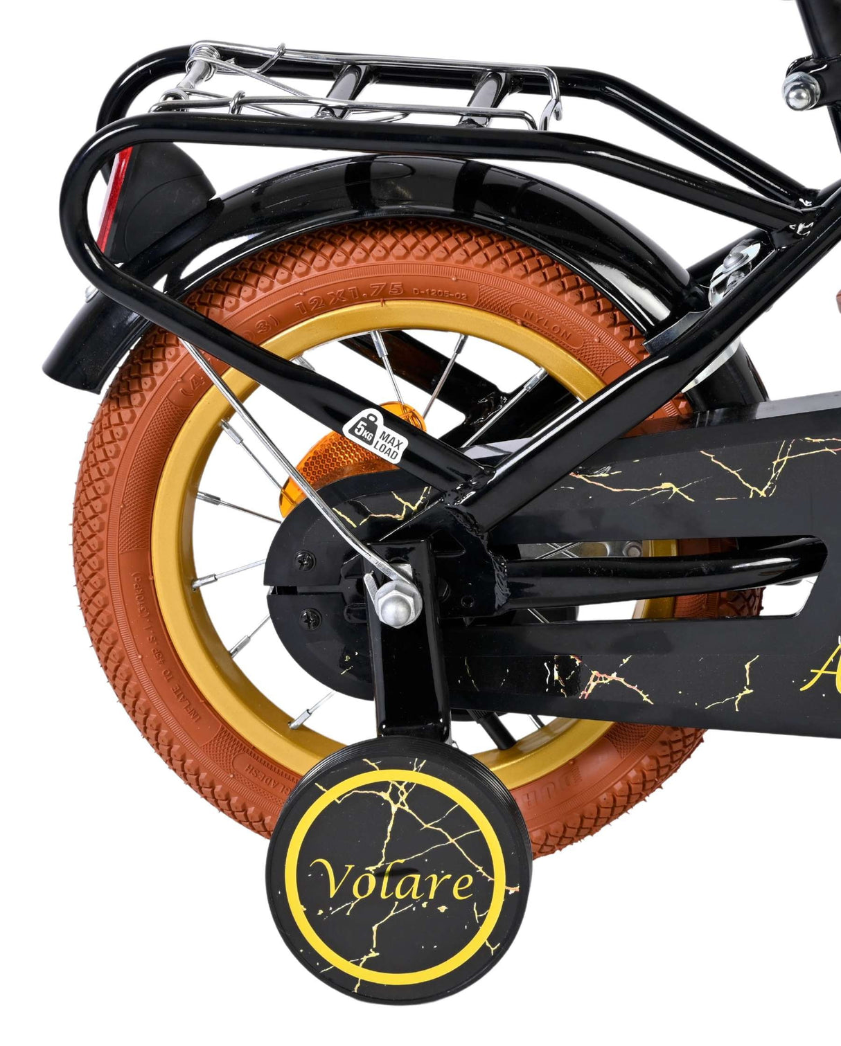 Schwarzes Fahrrad mit braunem Reifen und goldenen Akzenten