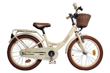 Beige Kinderfahrrad mit Korb, braunem Sattel und stabilen Reifen