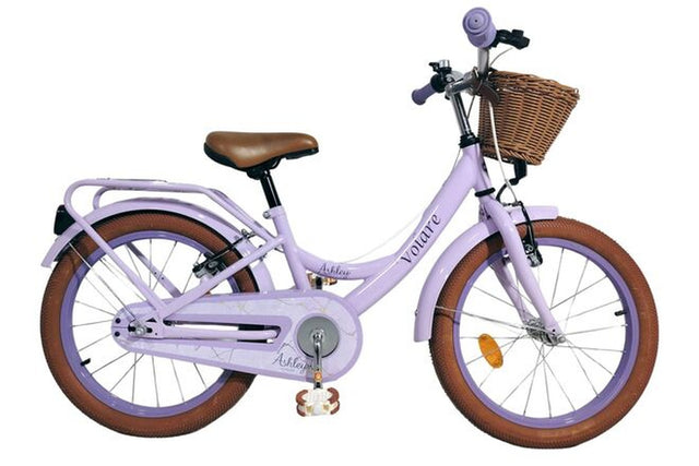 Lila Kinderfahrrad mit Korb und braunem Sattel, stabiler Rahmen