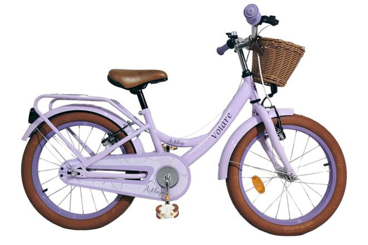 Lila Kinderfahrrad mit Korb und braunem Sattel, stabiler Rahmen