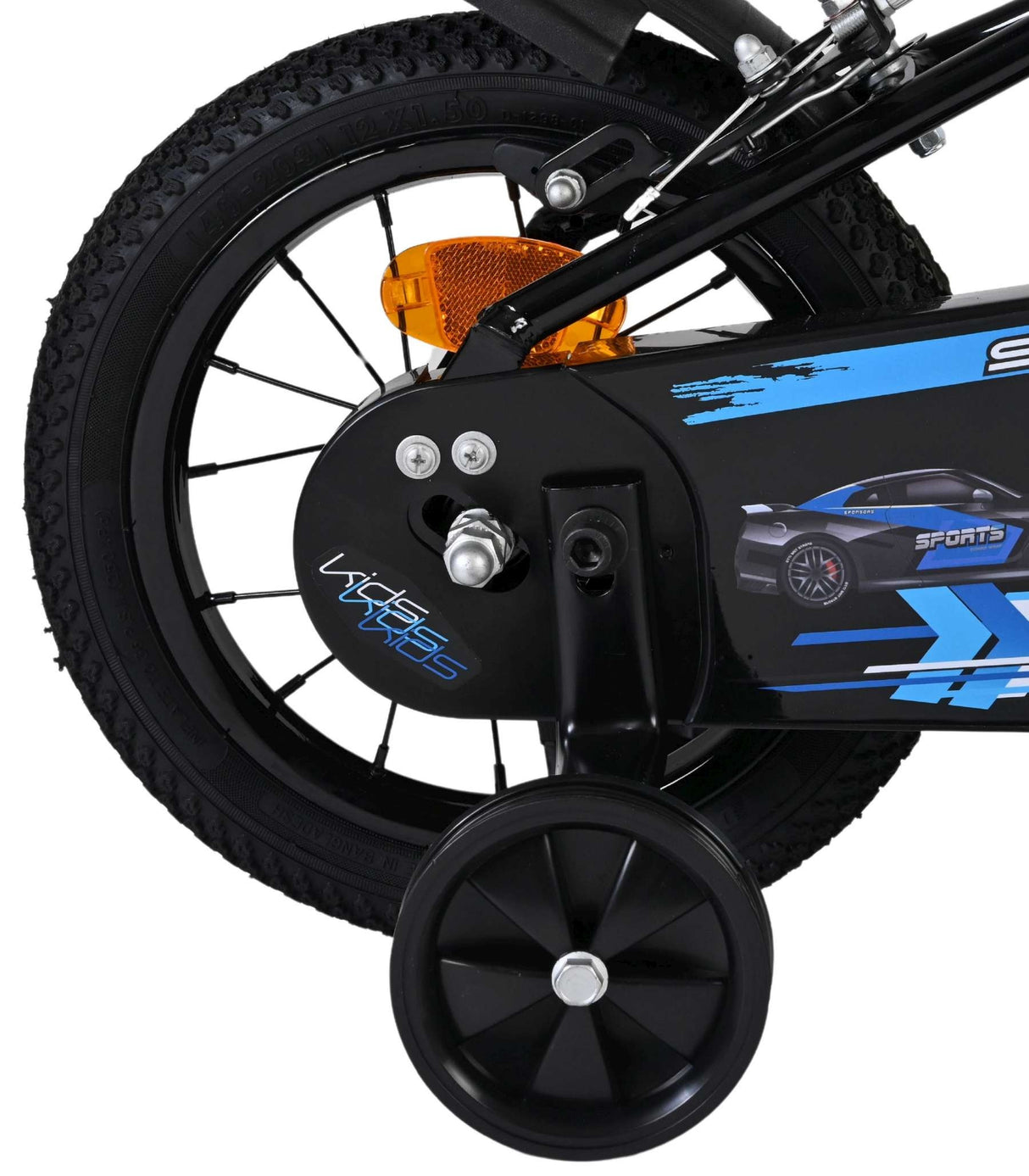Fahrrad mit stabilisierenden Rädern und sportlichem Design in Blau und Schwarz
