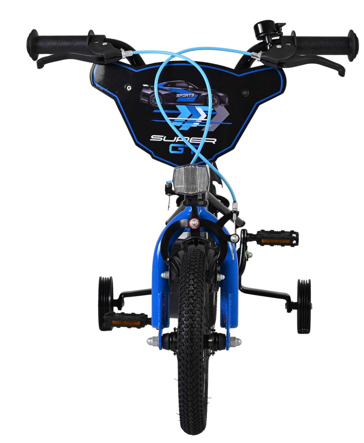 Blaues Kinderfahrrad mit Stützrädern und verstellbaren Handgriffen