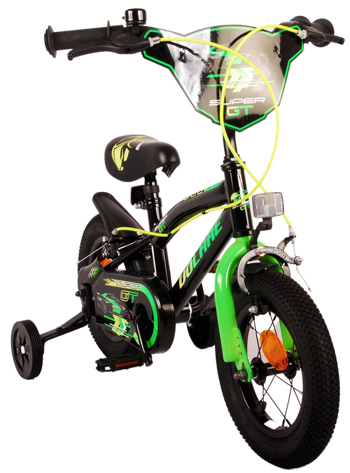 Kinderfahrrad in Schwarz und Grün mit Stützrädern und Reflektor