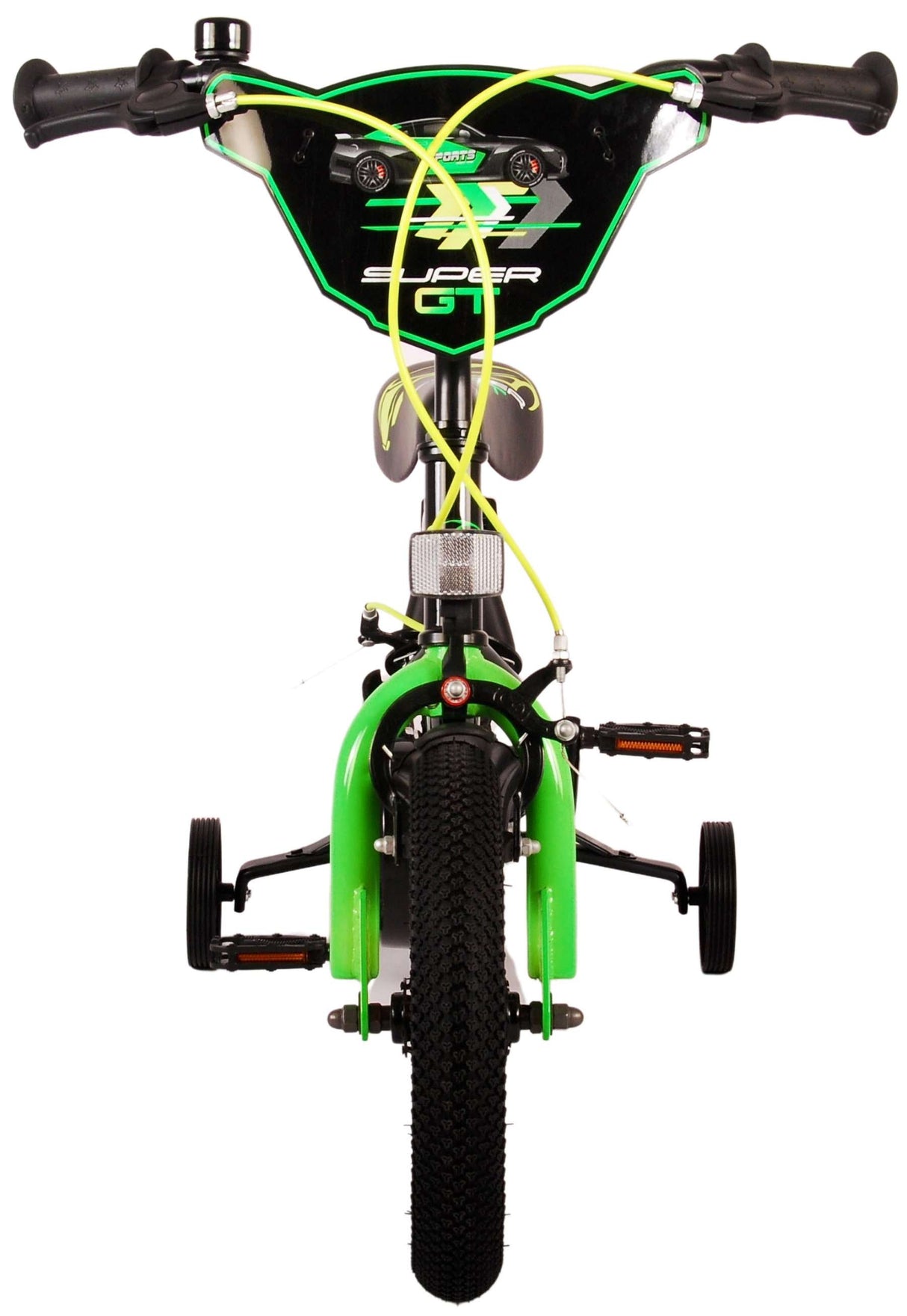 Kinderfahrrad mit grüner Farbe und Stützrädern von vorne betrachtet