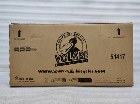 Kartonverpackung für ein Fahrrad mit Logo und Gewichtsangabe